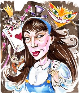 Unsuk Chin - caricatura como Alicia de Lewis Carroll, en referencia a su ópera de 2007 Alicia en el País de las Maravillas de Neale Osborne